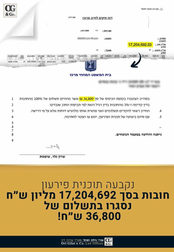 חובות בסך 17,204,692 מליון שח נסגרו בתשלום של 36,800 שח!